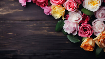  a bunch of different colored roses on a wooden background with space for text.  generative ai