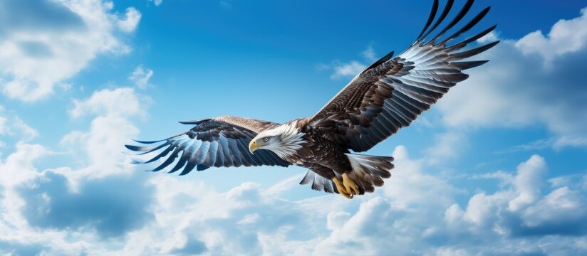 An eagle soars through the atmosphere with fluffy clouds and a vibrant blue sky serving as its backdrop