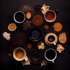 Various types of coffee with different Flavors. Top view of unique Coffee mugs and cups. dark background
