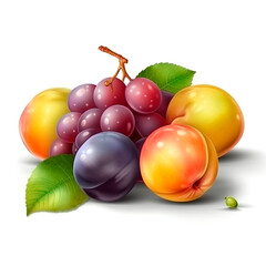 Ripe peaches with grapes and plums template. Purple 3d sweet plum with yellow as natural dessert vitamins for colorful organic design