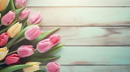  a bouquet of pink and yellow tulips on a white wooden background.  generative ai