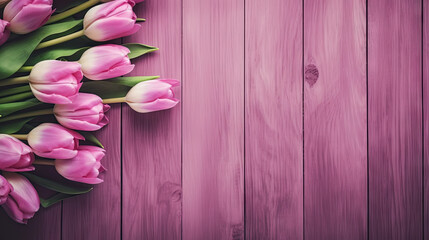  a bouquet of pink tulips on a purple wooden background.  generative ai