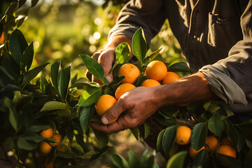 Agricultor recolectando naranjas - obrazy, fototapety, plakaty