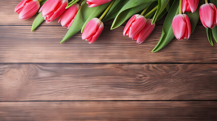  a bunch of pink tulips on a wooden table.  generative ai