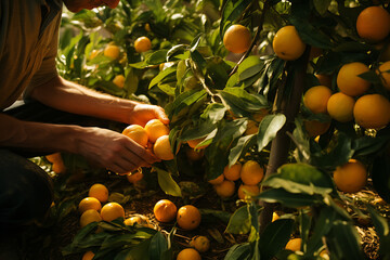 Agricultor recolectando naranjas