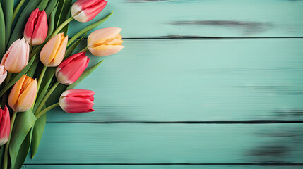  a bouquet of tulips on a blue wooden background.  generative ai