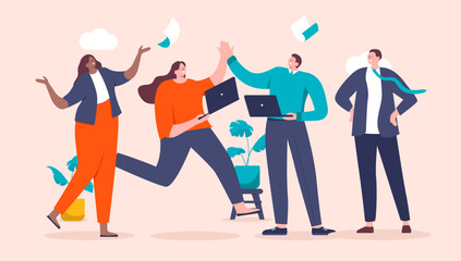 Happy people in office - Businesspeople celebrating, cheering and smiling while giving high fives. Teamwork success and celebration concept, flat design vector illustration - obrazy, fototapety, plakaty