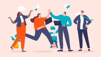 Foto op Canvas Happy people in office - Businesspeople celebrating, cheering and smiling while giving high fives. Teamwork success and celebration concept, flat design vector illustration © Knut
