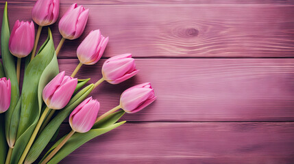  a bouquet of pink tulips on a purple wooden background.  generative ai