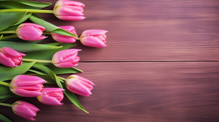 a bunch of pink tulips on a wooden table.  generative ai