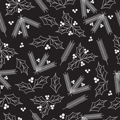 Christmas pattern with fir branches on a black background. High quality vector illustration.