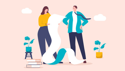 Reading business memo document at work - Businesswoman in office workplace looking carefully at much to long text statement contract. Flat design vector illustration