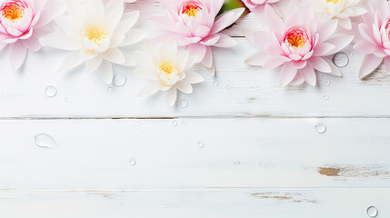  a group of pink and white flowers on a white wooden surface.  generative ai