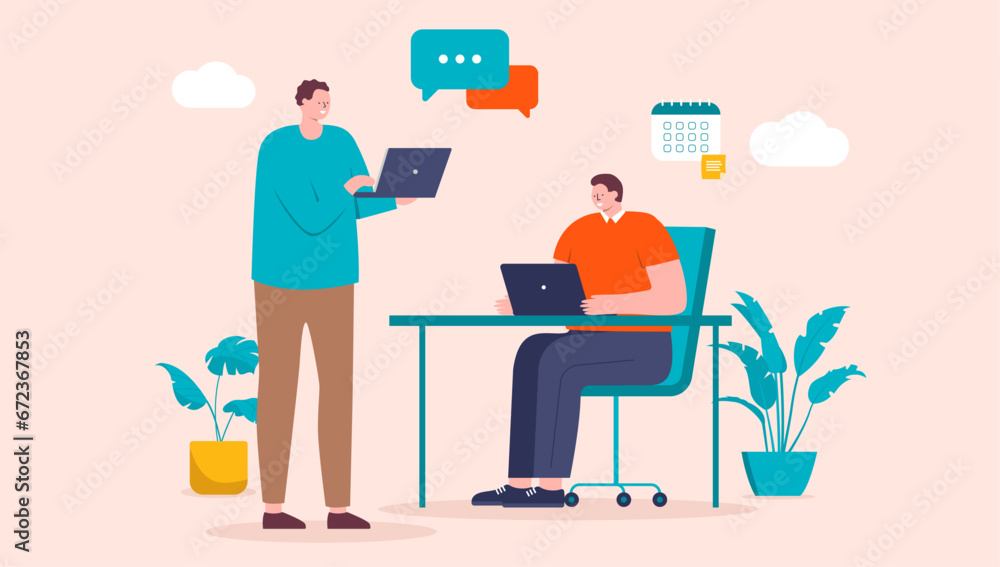 Aufkleber People talking in office - Two men with laptop computers having conversation and dialogue at work, sitting and standing at desk. Flat design vector illustration
