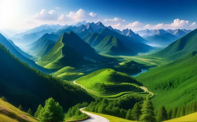 Foto auf Acrylglas Grün Beautiful landscape, mountains, rivers, sunset. AI