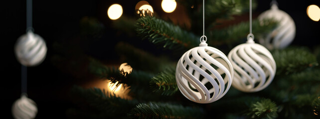 3d printed white plastic Christmas tree balls, ornaments. Christmas futuristic modern three-dimensional 3D models of holiday ornaments for 3D printing