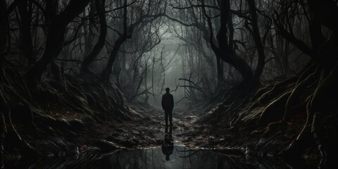 a lone figure walking in a mysterious forest - obrazy, fototapety, plakaty