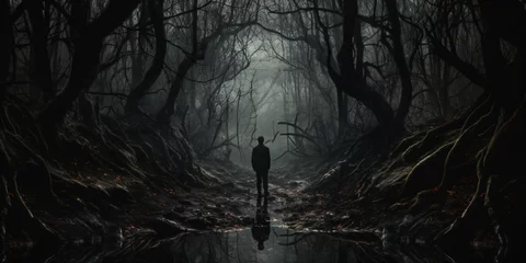 Fotobehang a lone figure walking in a mysterious forest © CROCOTHERY