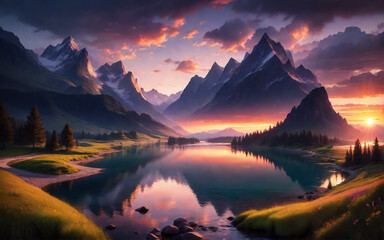 Fototapeta na wymiar Beautiful landscape, mountains, rivers, sunset. AI