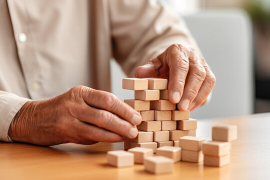 Faceless Senior man with dementia playing with wooden blocks in geriatric clinic or nursing home