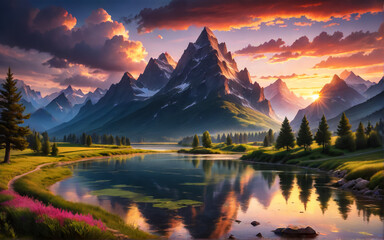 Beautiful landscape, mountains, rivers, sunset. AI