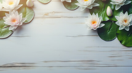  white water lilies and green leaves on a white wooden background.  generative ai