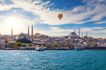 Ships in the Bosphorus by Suleymaniye and Rustem Pasha Mosques, Istanbul, Turkey