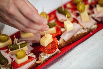 Close up of woman's hand preparing canape.