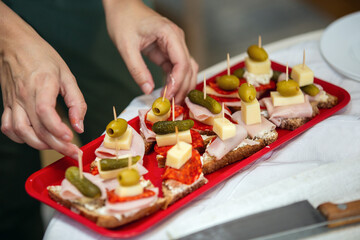 Close up of woman's hand preparing canape.