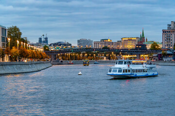 Fototapeta premium Evening view of Moscow with embankment and river