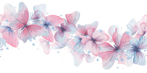 Butterflies are pink, blue, lilac, flying, delicate with wings and splashes of paint. Hand drawn watercolor illustration. Seamless border on a white background, for design