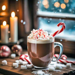 Hot chocolate drink with Christmas candy cane and whipped cream by a winter window and candles