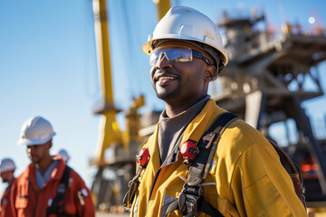 Attractive African American oil worker at work on a drilling rig - obrazy, fototapety, plakaty