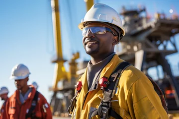 Fotobehang Attractive African American oil worker at work on a drilling rig © colnihko