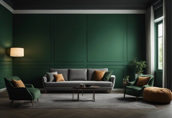 Light room with sofa and armchair on empty dark green wall background