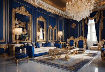 Royal blue gold and ivory color palette living room interior design rococo baroque - obrazy, fototapety, plakaty