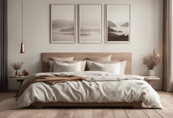 Fototapeta na wymiar Vertical two frame mockup in boho bedroom interior with wooden floor and white bed Beige blanket