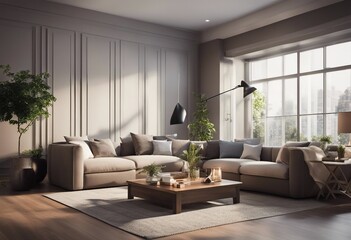 Cozy living room interior with table and panoramic window empty wall