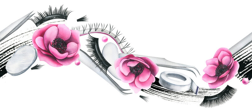 Cosmetics and brushes for eyes and eyebrows, tubes with pink anemone flowers. Watercolor illustration hand drawn. Seamless border on a white background. For eyelash extension and lamination