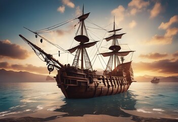 Naklejka premium Illustration Landscape with pirate ship