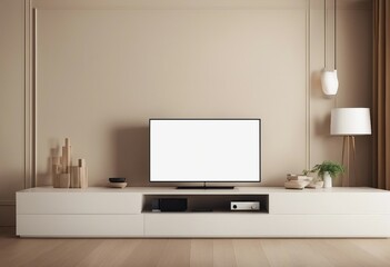 Smart TV on the cream color wall in living room minimal design