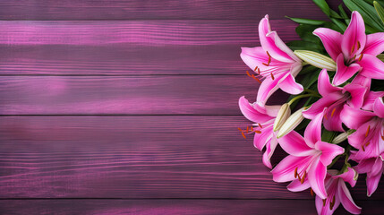  a bouquet of pink flowers on a purple wooden background with space for text.  generative ai