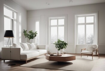 Minimalistic living room with white sofa wooden floor decor on wall window with white landscape