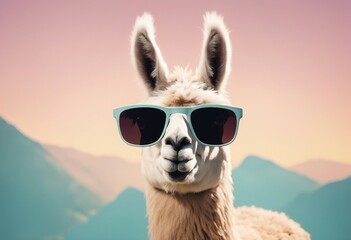 Obraz premium Creative animal concept Llama in sunglass shade glasses isolated on solid pastel background