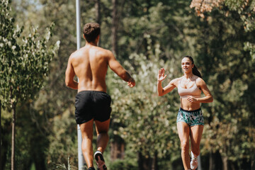 Caucasian couple running in park, enjoying outdoor training. Fitness athletes working towards better body shape, strong muscles. Sportswear, sunny day, positive results.