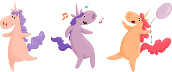 Vector set with unicorns dancing, holding a balloon
