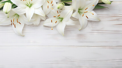  a bunch of white lilies on a white wooden background.  generative ai