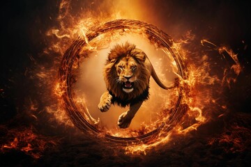 AI generated illustration of a powerful lion running through a blazing ring of fire
