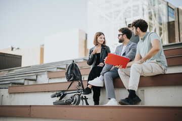 Young business team discussing strategies in a bustling city area, aiming for success, expansion, and profit. Their collaborative approach and innovative mindset drive them to overcome challenges.