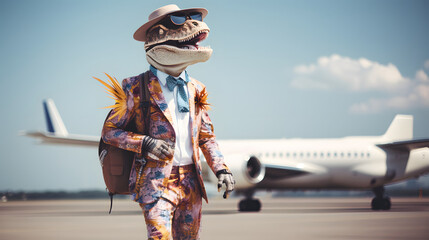 A dinosaur on airport is ready to travel to some exotic destination. Minimal travel concept. Time for summer.